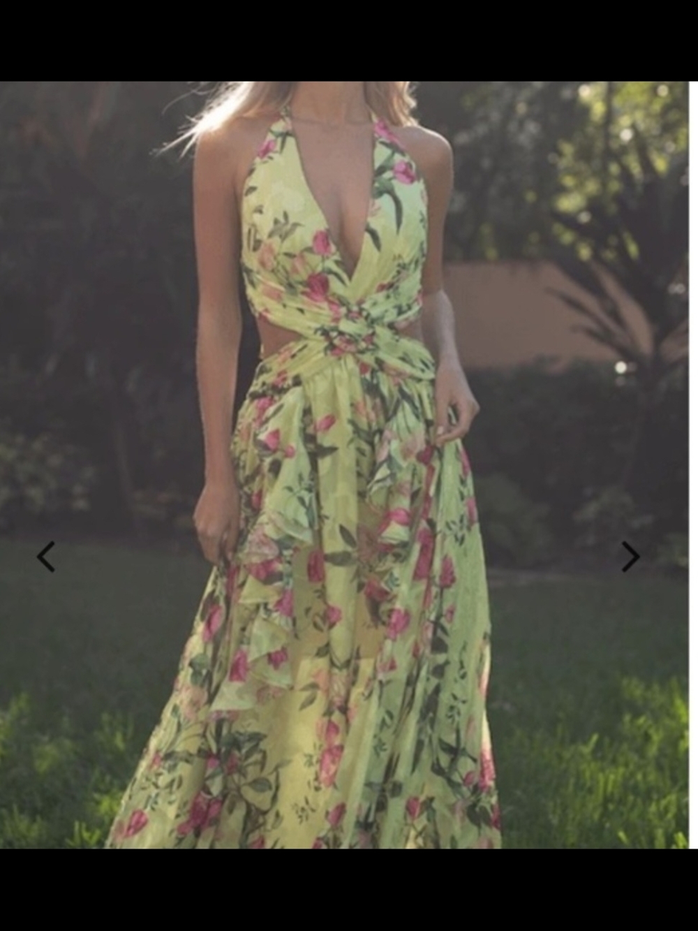 PatBO Floral Halter Maxi Dress in Light Green with Pink Blooms